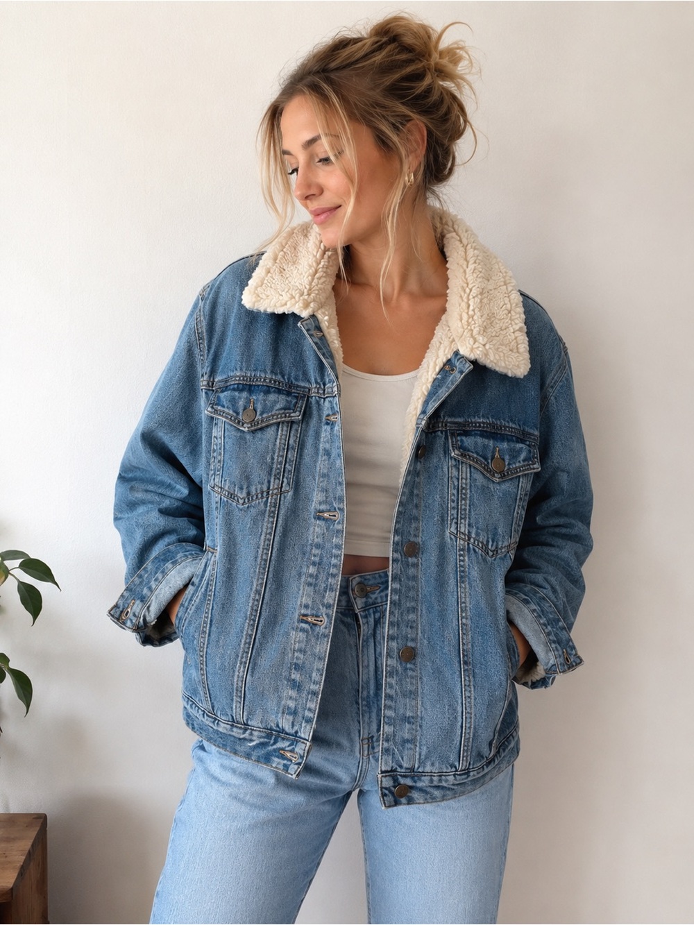 LOFT Sherpa Lined Denim Trucker Jacket Women’s Large Blue Jean Fall Winter